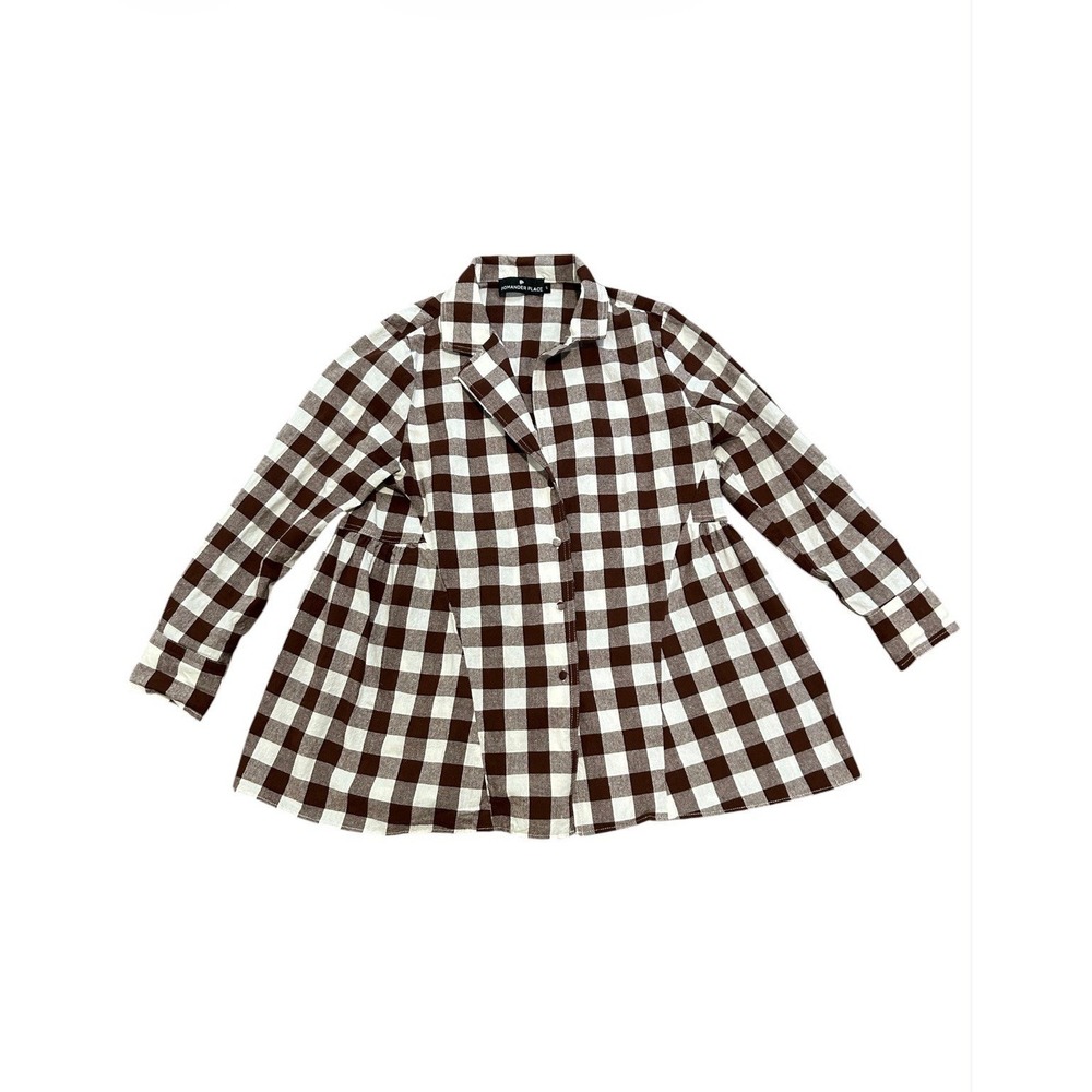 Pomander Place Tuckernuck Brown Gingham Peplum Button Down Shirt S 100% Cotton - Picture 4 of 11
